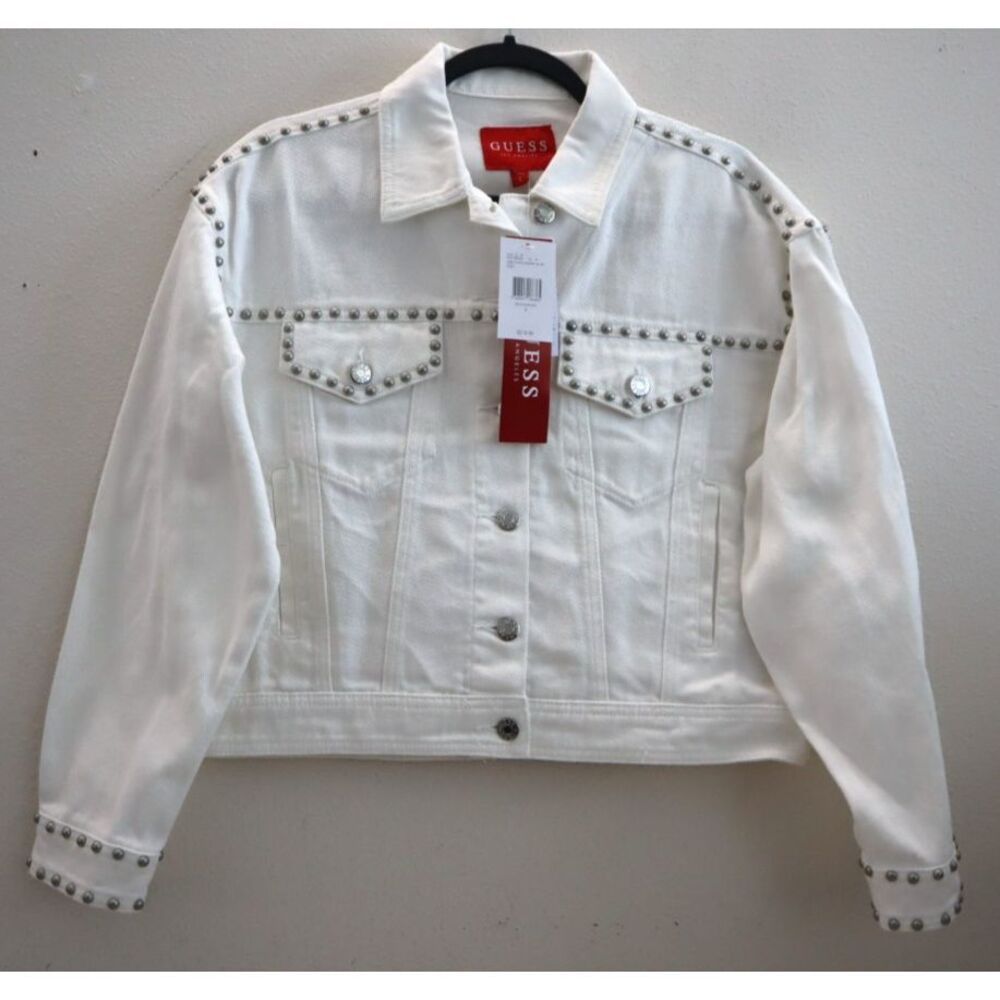 Guess Women's Sz S Kikoi Flower White Cara Floral Studded Denim Jacket